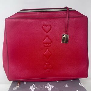 Estee Lauder Cosmetic Train Case Red Faux Leather Card Suits Detail Bag Charm